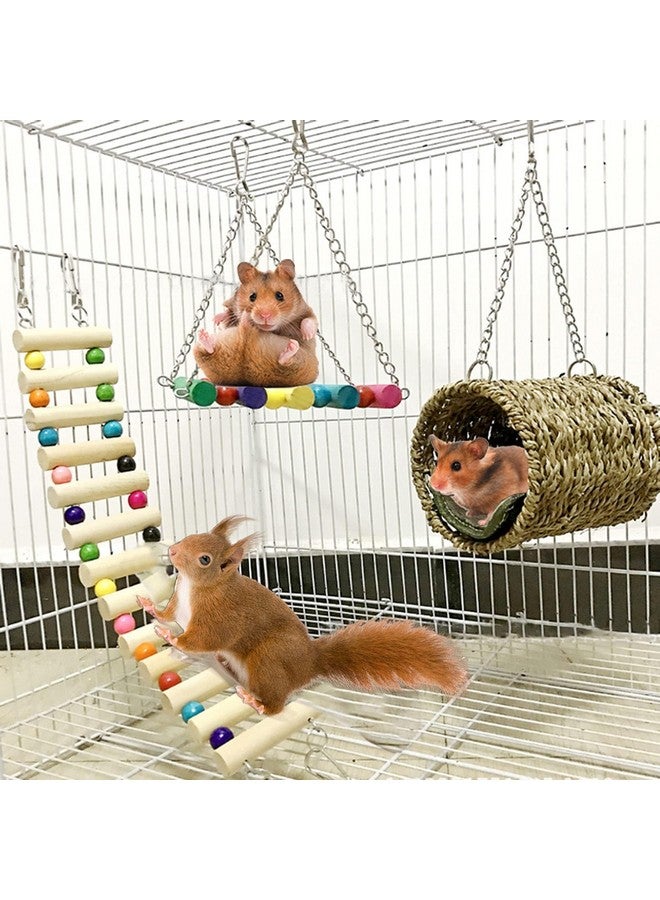 Hamiledyi Hamster Hanging Toy, 3 Piece Wooden Small Animal Ladder Hammock Swing Set Toys for Bird Mice Hamster - Image 1