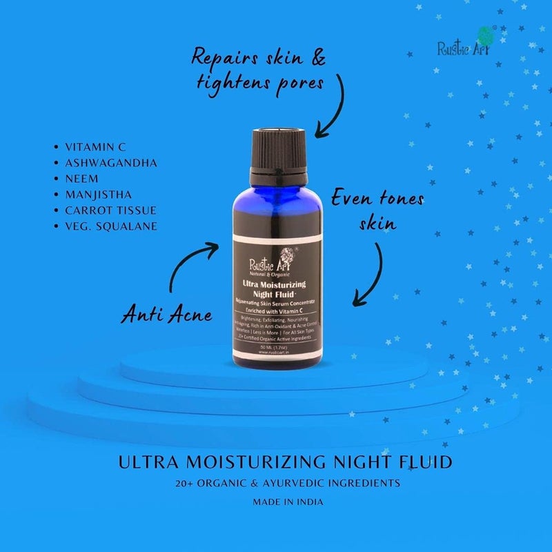 Rustic Art Organic Ultra Moisturizing Night Serum with Vitamin C Brightens Skin Tightens Pores For Women Men 50 ml - Image 2