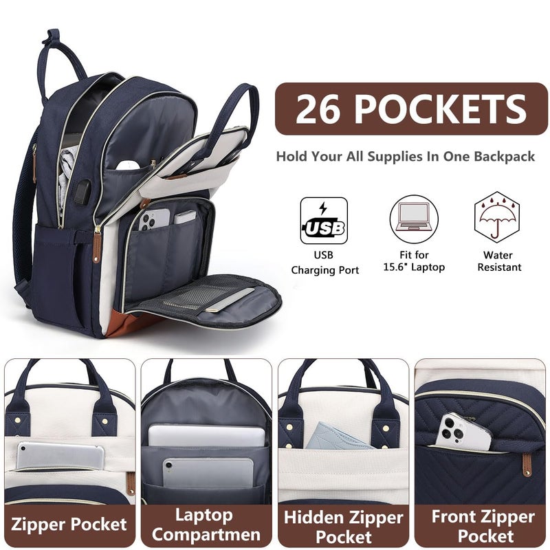 bagswan Laptop Backpack for Women, Fits 15.6 Inch Laptop Bag, Fashion Travel Work Backpack Anti-theft Bag with USB Charging, Business Computer Waterproof Backpack Purse, Beige Blue Brown - Image 2