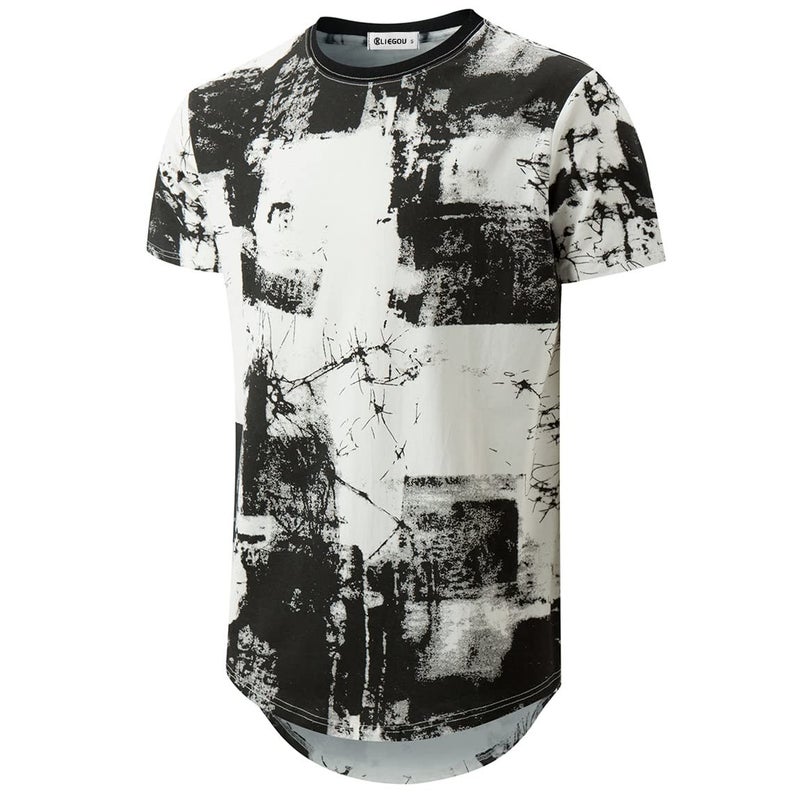 KLIEGOU Mens Hipster Hip Hop Ripped Round Hemline Pattern Print T Shirt 86 White L - Image 1