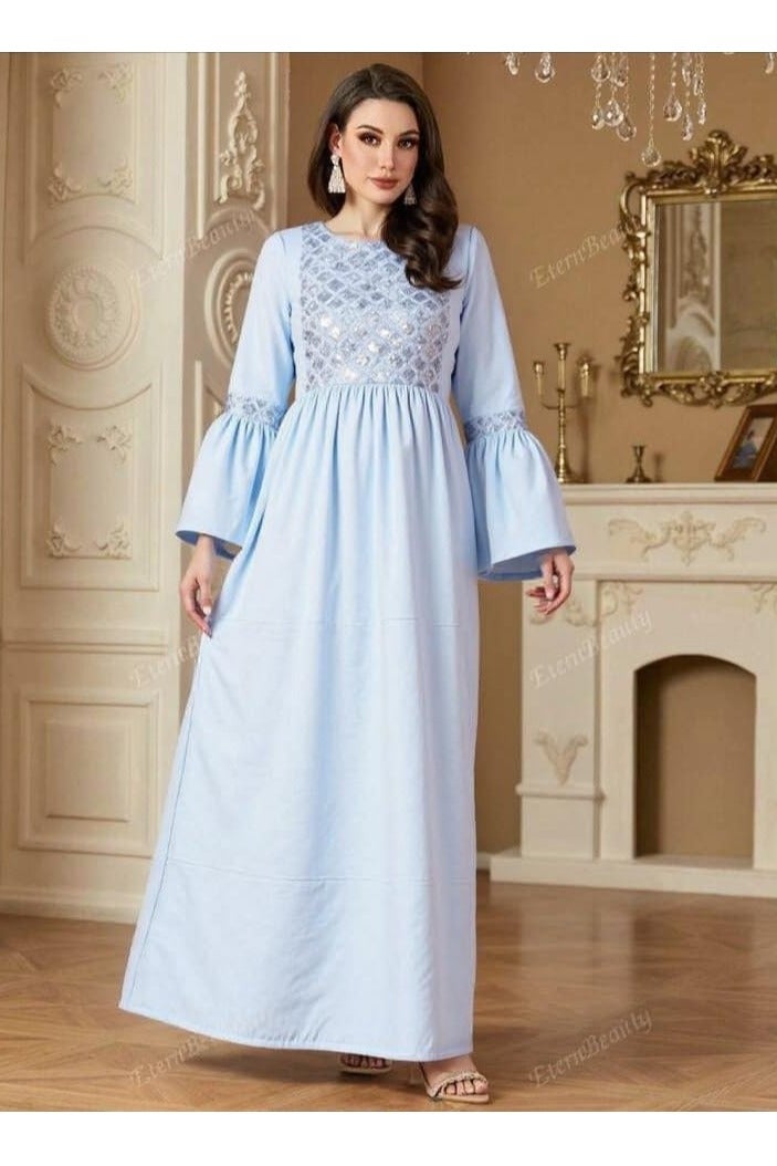 جلابية استقبال حريمي قطن – كم مروحة وأستيك على الخصر - Image 2