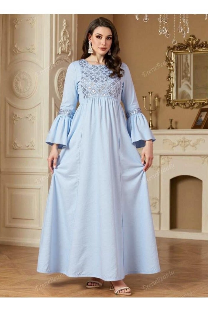 جلابية استقبال حريمي قطن – كم مروحة وأستيك على الخصر - Image 3