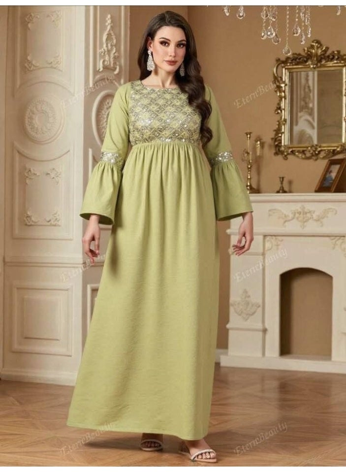 جلابية استقبال حريمي قطن – كم مروحة وأستيك على الخصر - Image 3