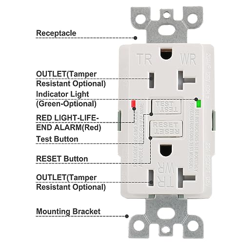 Baomain GFCI Outlet Receptacle with Wall Plate 20Amp 120VAC 60Hz, Tamper-Resistant,Weather-Resistant, Ground Fault Circuit Interruptor, GFI UL&CUL Listed White 20 Amp. (1PCS) - Image 2