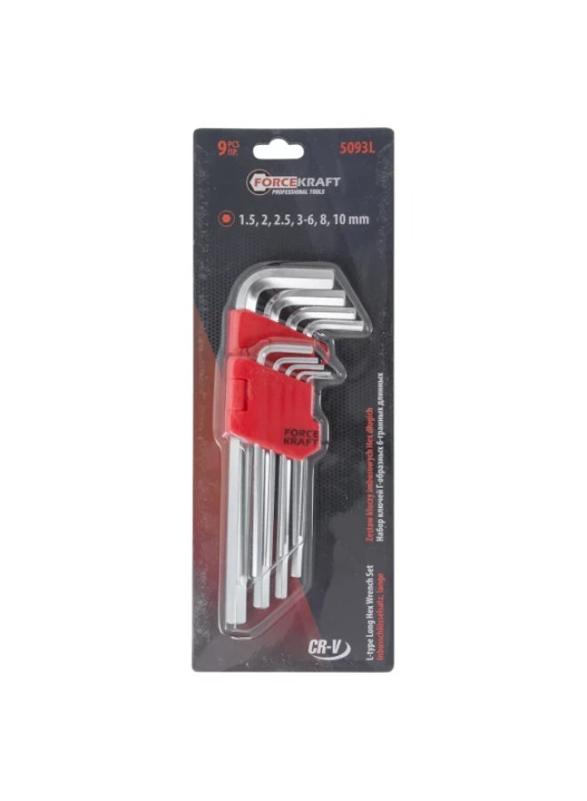 L-type long Hex-wrenches set CR-V 9pcs (1.5,2,2.5,3-6,8,10mm), in plastic holder