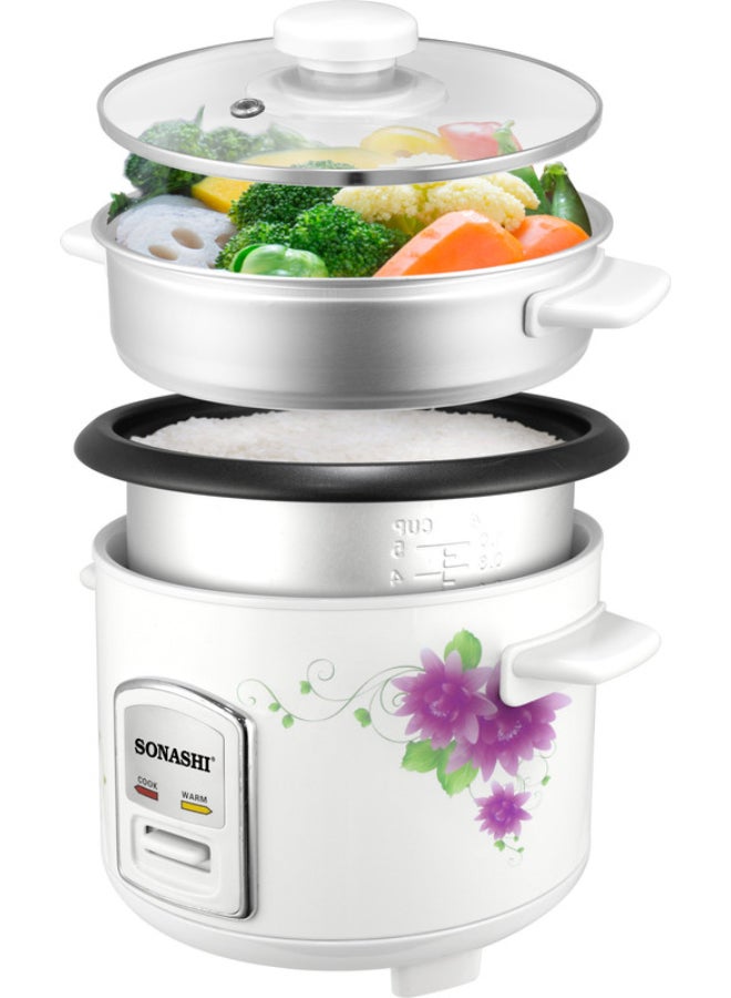 SONASHI Rice Cooker/Steamer With Non-Stick Coating & Automatic Shut Off Function | Color Stainless Steel Body & Lid | Accessories: Plastic Steamer, Measuring Cup and Spoon 1.5 L 500 W SRC-515N White - Image 2