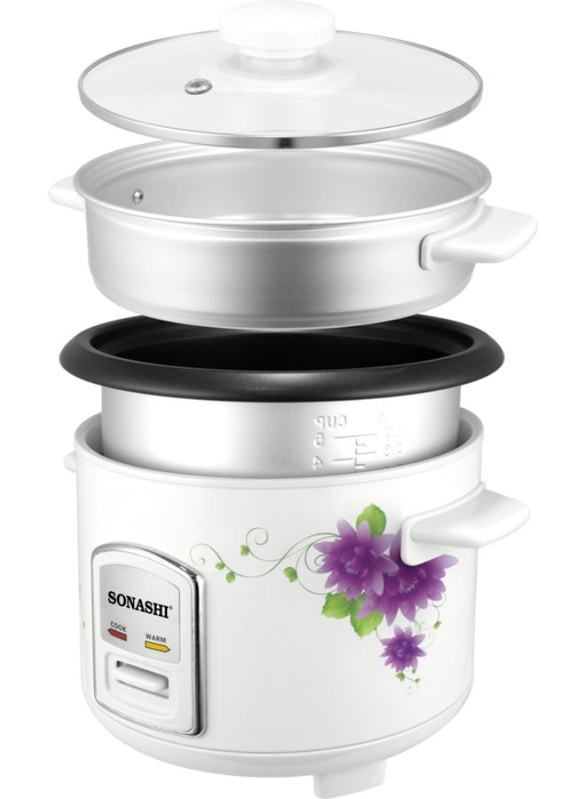 SONASHI Rice Cooker/Steamer With Non-Stick Coating & Automatic Shut Off Function | Color Stainless Steel Body & Lid | Accessories: Plastic Steamer, Measuring Cup and Spoon 1.5 L 500 W SRC-515N White - Image 3