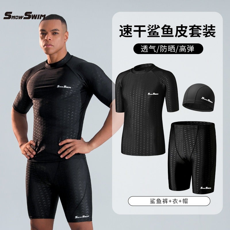 SnowSwim Men's Shark Skin Swim Trunks Quick-Dry Swimming Shorts with Goggles Running Fitness Swim Gear - Image 1