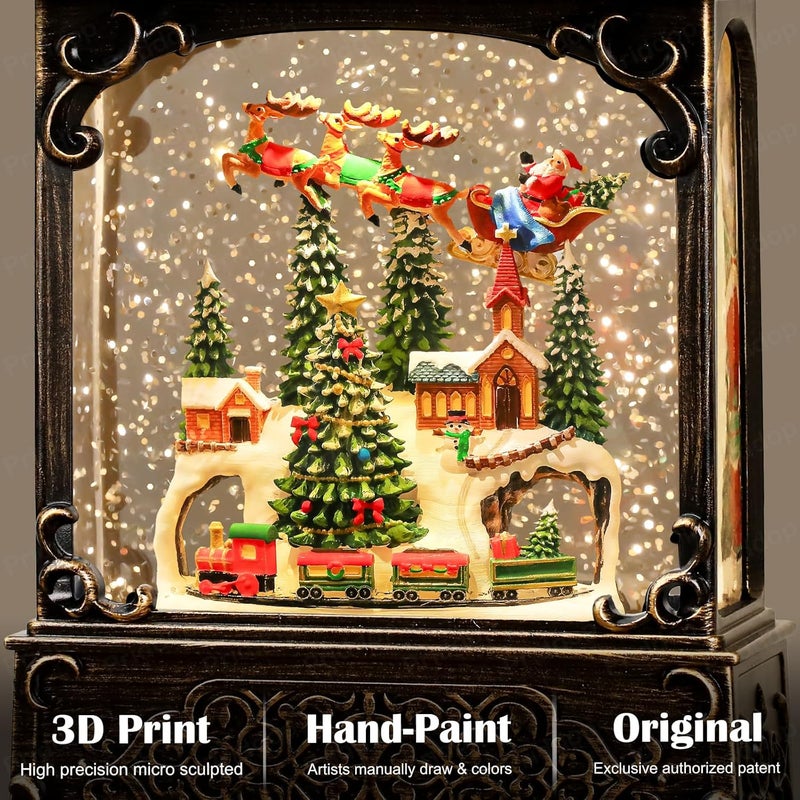 Priddop Village Snow Globe Christmas Decorations Indoor Santa Claus Reindeer Church Cabin Snow Village Scene Gifts Classic Relief Texture Musical Glitter Snowfall USB/Battery Timer Lantern 10.4 inch - Image 2