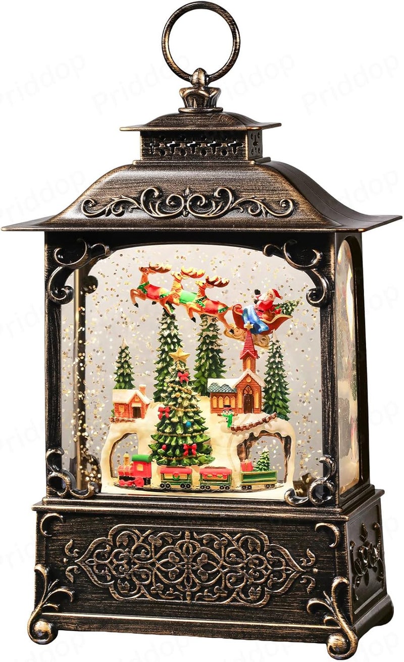 Priddop Village Snow Globe Christmas Decorations Indoor Santa Claus Reindeer Church Cabin Snow Village Scene Gifts Classic Relief Texture Musical Glitter Snowfall USB/Battery Timer Lantern 10.4 inch - Image 1