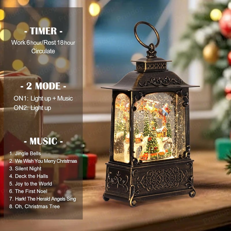 Priddop Village Snow Globe Christmas Decorations Indoor Santa Claus Reindeer Church Cabin Snow Village Scene Gifts Classic Relief Texture Musical Glitter Snowfall USB/Battery Timer Lantern 10.4 inch - Image 4