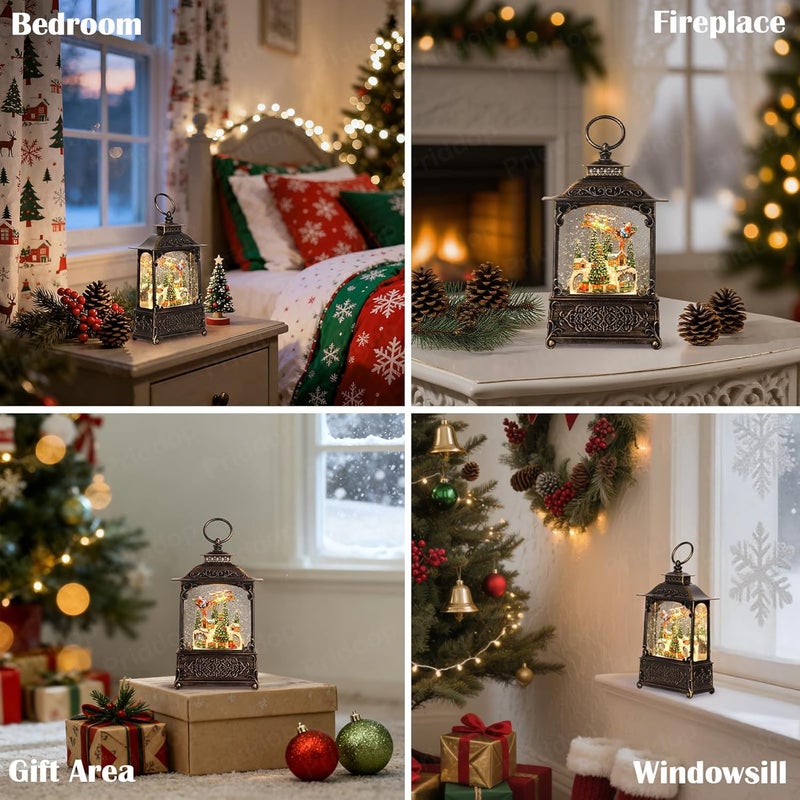 Priddop Village Snow Globe Christmas Decorations Indoor Santa Claus Reindeer Church Cabin Snow Village Scene Gifts Classic Relief Texture Musical Glitter Snowfall USB/Battery Timer Lantern 10.4 inch - Image 5