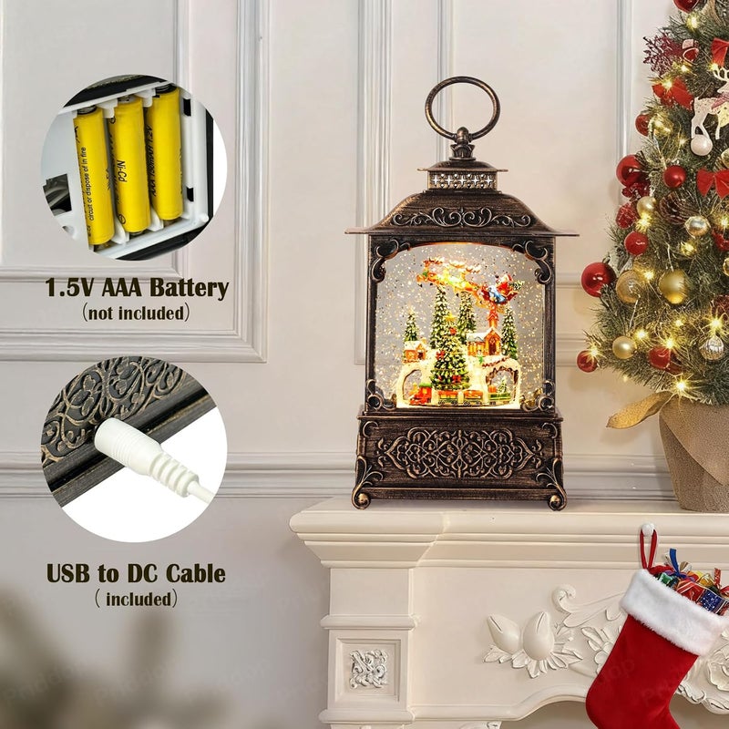 Priddop Village Snow Globe Christmas Decorations Indoor Santa Claus Reindeer Church Cabin Snow Village Scene Gifts Classic Relief Texture Musical Glitter Snowfall USB/Battery Timer Lantern 10.4 inch - Image 3
