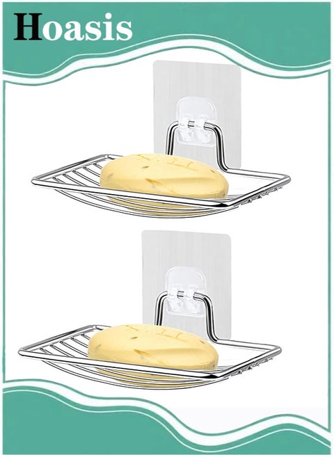 قطعتان من صحن صابون الاستحمام، حامل صابون من الفولاذ المقاوم للصدأ مثبت على الحائط، حامل إسفنج ذاتي اللصق للحمام/الدش/المطبخ (فضي)