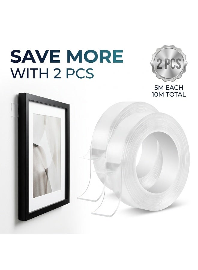 2 Pieces Double-Sided Wall Tape - 5M Roll - Heavy Duty Transparent Nano Adhesive, Washable & Reusable – For Hanging Pictures & Frames Without Nails - Image 1