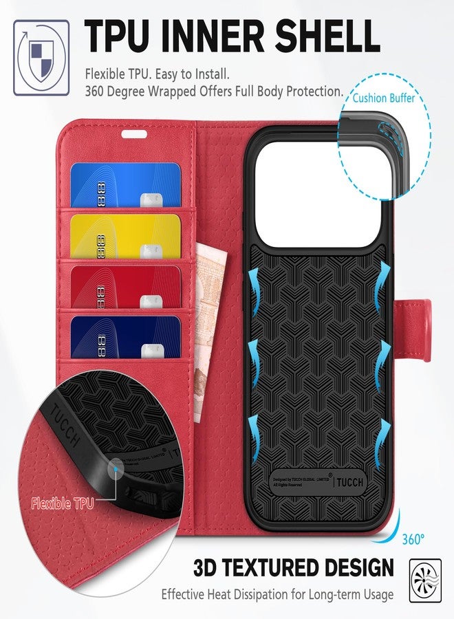 TUCCH Wallet Case for iPhone 17 Pro (6.3-Inch) 2025, RFID Blocking 4 Card Slots | Kickstand | Magnetic Closure | PU Leather | Shockproof TPU Shell | Protective Flip Folio Cover | Red - Image 5