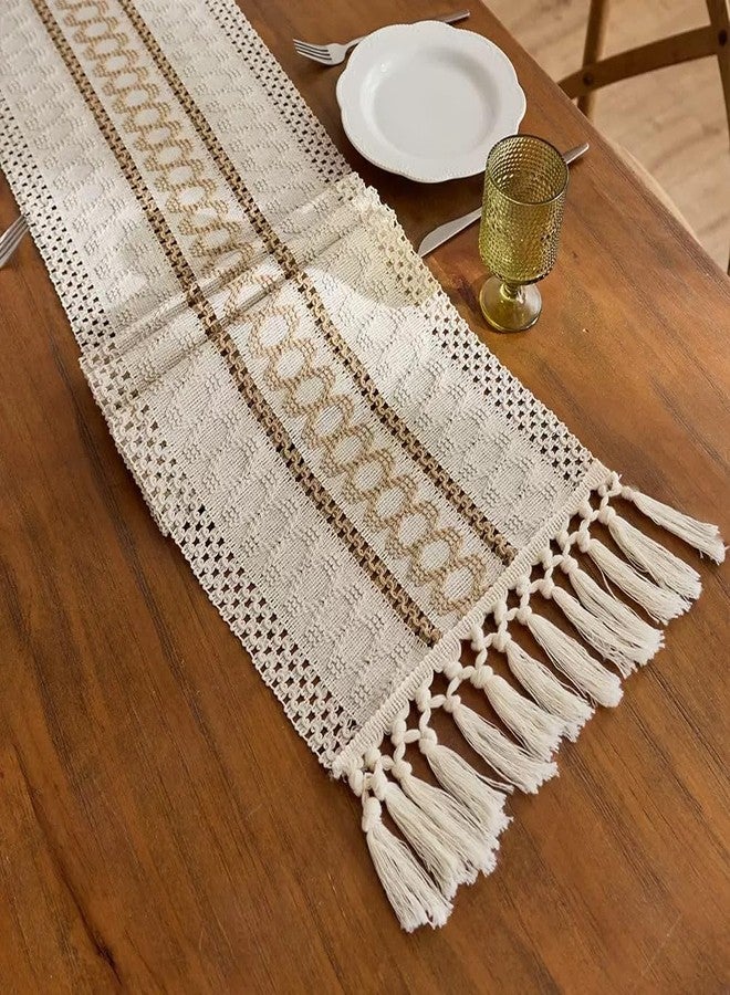 Fving Boho Table Runner with Tassels,Woven Cream & Brown Macrame Runner Pottery Barn Farmhouse Rustic Burlap Table Home Chic Decor for Dining & Bedroom Bridal Shower Fall Thanksgiving Christmas (12×78‘’) - Image 1