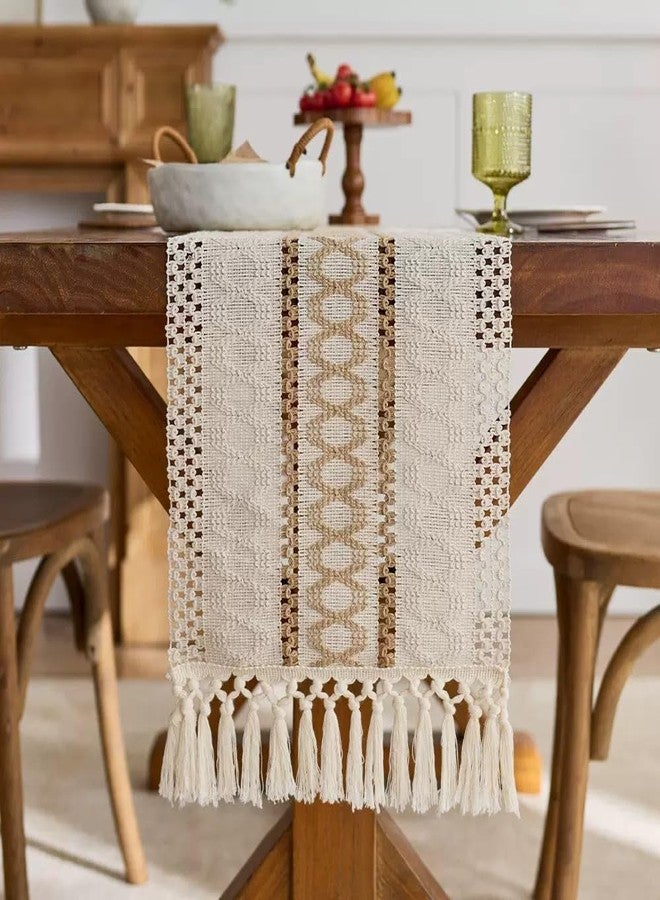 Fving Boho Table Runner with Tassels,Woven Cream & Brown Macrame Runner Pottery Barn Farmhouse Rustic Burlap Table Home Chic Decor for Dining & Bedroom Bridal Shower Fall Thanksgiving Christmas (12×78‘’) - Image 2
