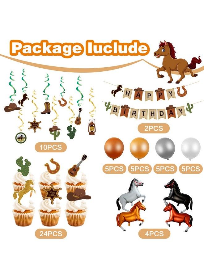 Zhanmai 60 قطعة زينة حفلة عيد ميلاد رعاة البقر تشمل 40 بوصة بالونات فويل على شكل حصان لافتة عيد ميلاد رعاة البقر السعيد توبير كعكة دوامات معلقة 12 بوصة بالونات لاتكس لحفلة غربية (أسلوب ريترو) - Image 3