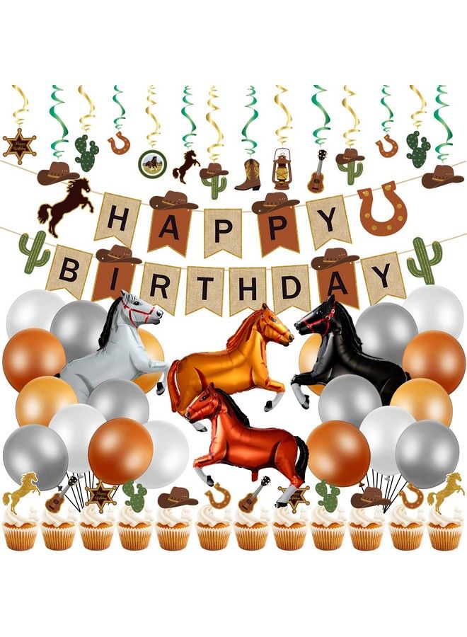 Zhanmai 60 قطعة زينة حفلة عيد ميلاد رعاة البقر تشمل 40 بوصة بالونات فويل على شكل حصان لافتة عيد ميلاد رعاة البقر السعيد توبير كعكة دوامات معلقة 12 بوصة بالونات لاتكس لحفلة غربية (أسلوب ريترو) - Image 1