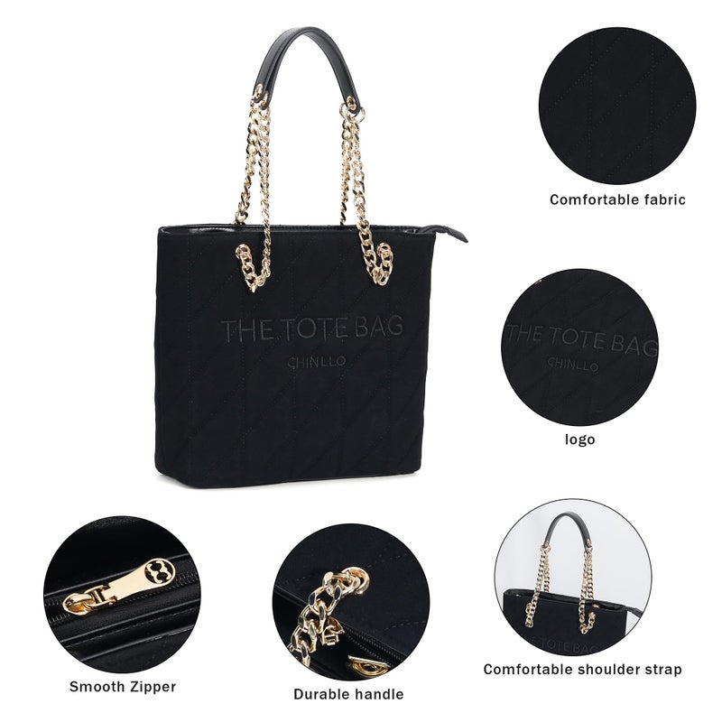 Chinllo Tote Bag for Women, Medium Suede Quilted Top Handle Chains Handbags Purse (Es.Black) - Image 4