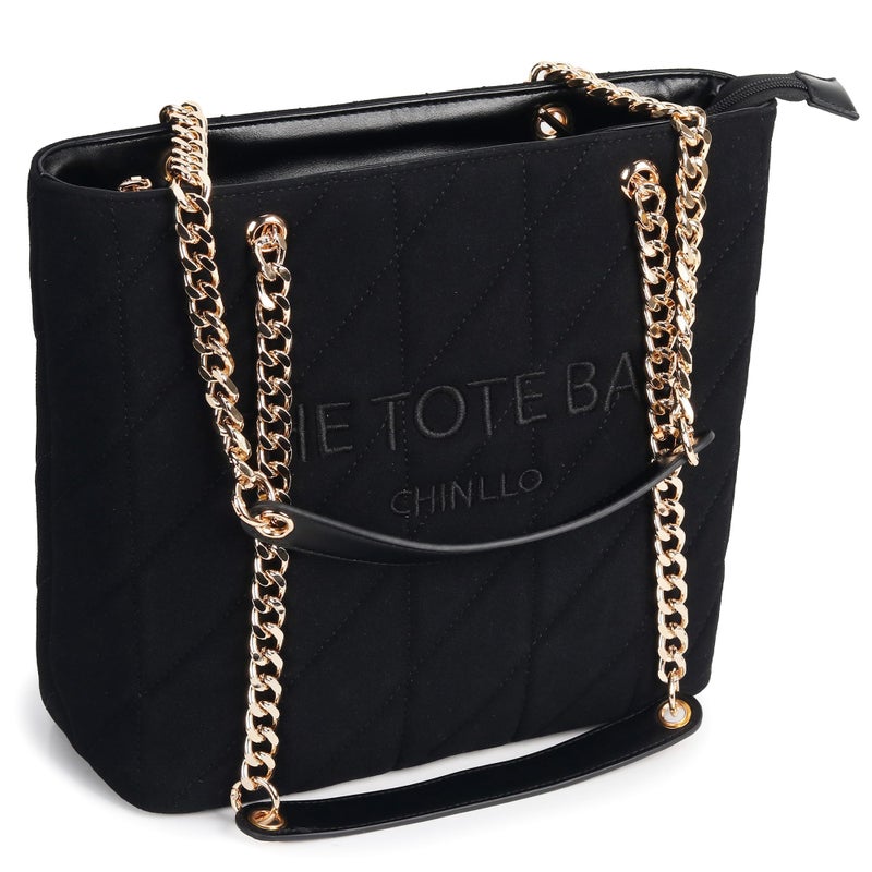 Chinllo Tote Bag for Women, Medium Suede Quilted Top Handle Chains Handbags Purse (Es.Black) - Image 1