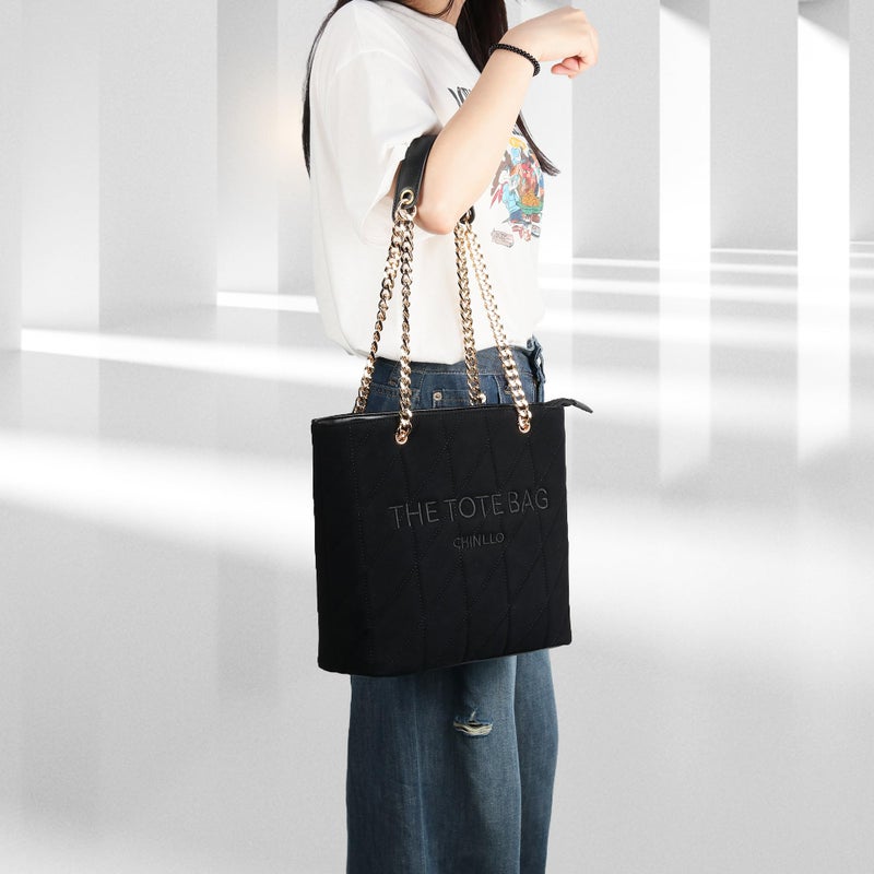 Chinllo Tote Bag for Women, Medium Suede Quilted Top Handle Chains Handbags Purse (Es.Black) - Image 2