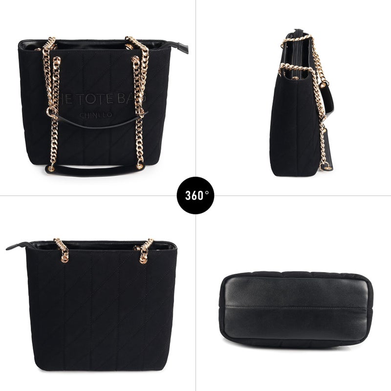 Chinllo Tote Bag for Women, Medium Suede Quilted Top Handle Chains Handbags Purse (Es.Black) - Image 5