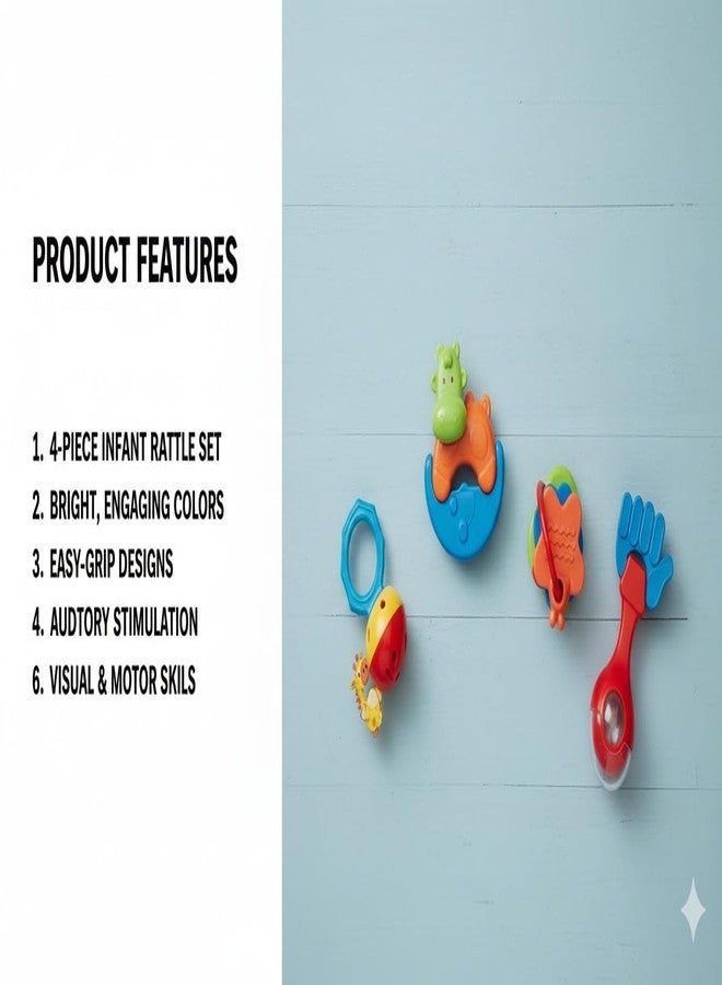 Toyfinity 4 Rattles Baby Rattle Set with teether, Non Toxic Baby Toys for Early Development, Bright Colorful rattles, Safe Grip Design, Premium Quality Infant Toy (Assorted Color) - Image 5