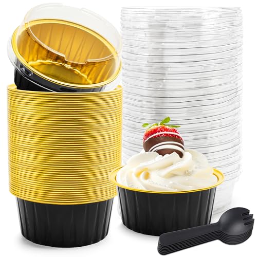 NPLUX 5 OZ Mini Loaf Pans with Lids Small Cake Containers Baking Cups for Pudding Souffle Party Wedding Birthday50 Pack Black Gold - Image 1