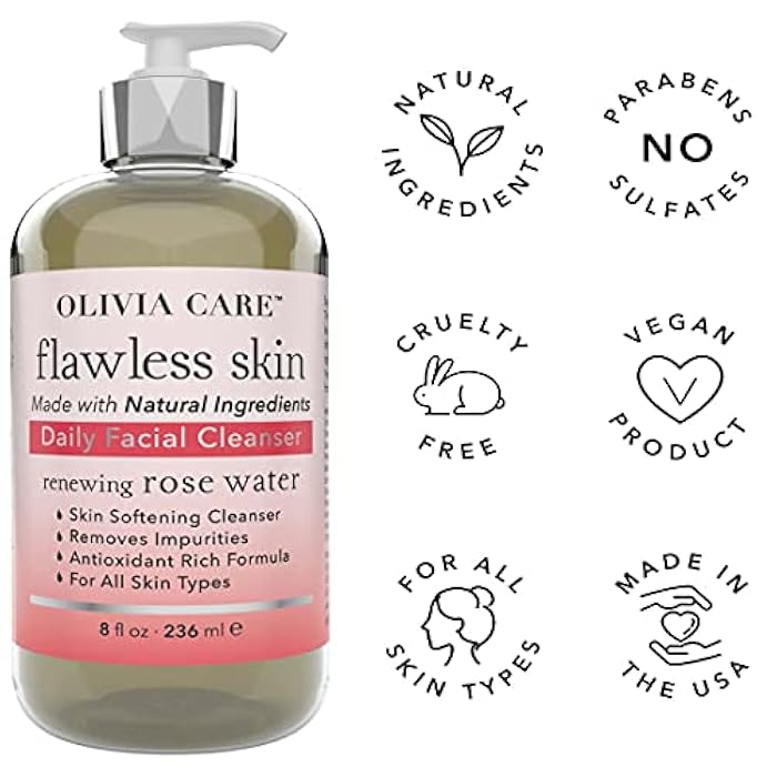 Olivia Care Daily Brightening Facial Cleanser - Natural Moisturize, Hydrate, Cleanse - Brighten Age Spot, Tighter & Soothe Skin - Antioxidants - All Skin Types. Evens Complexation - 8 FL OZ (Rose Water) - Image 3