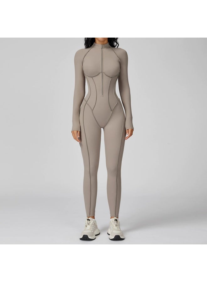 general AEEZO Womens Contour Seams Long Sleeve Padded Workout Jumpsuit Zip Up Tummy Control One Piece Bodycon Yoga Rompers - Image 1