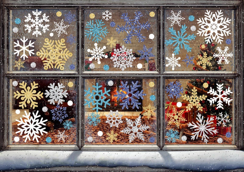 Whaline 541Pcs Winter Snowflake Window Clings Stickers  DoubleSided White Silver Blue Gold Christmas Decals for Frozen New Year Home Shop Glass Display Decoration 9 Sheets