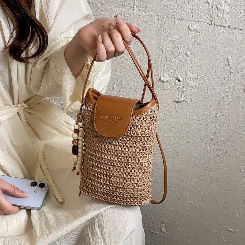 Women's Straw Polka Dot Patchwork Bucket Bag - Image 2
