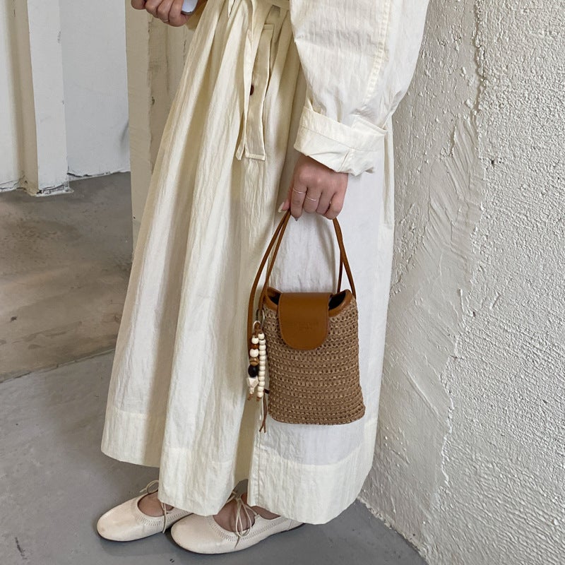 Women's Straw Polka Dot Patchwork Bucket Bag - Image 3