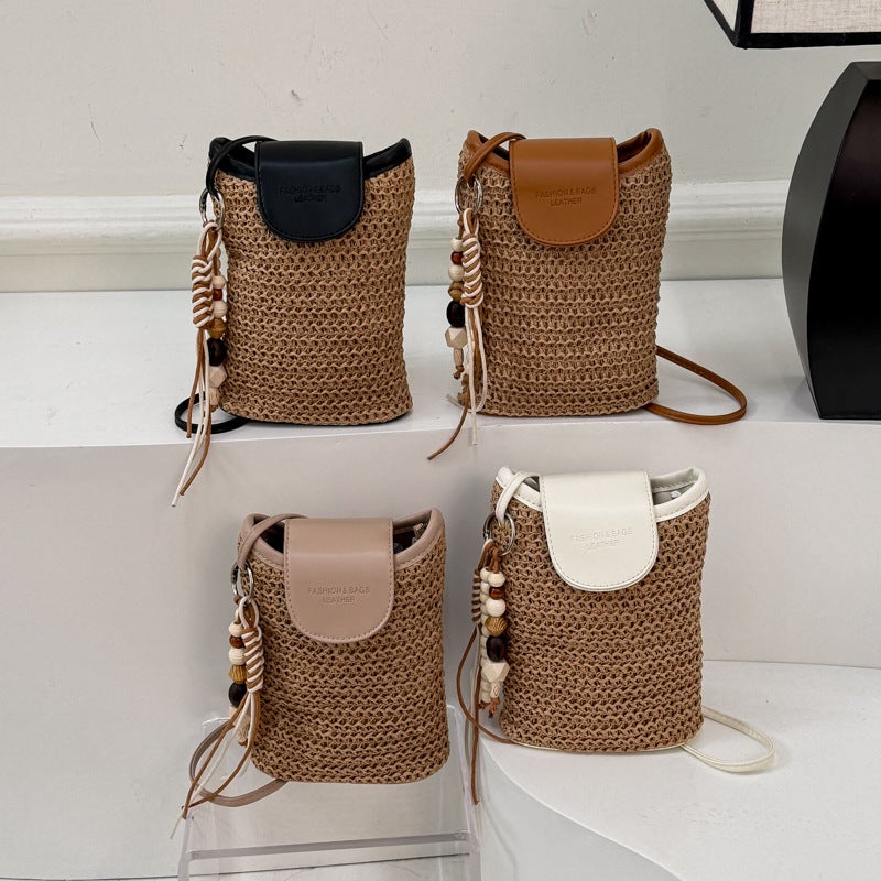 Women's Straw Polka Dot Patchwork Bucket Bag - Image 1