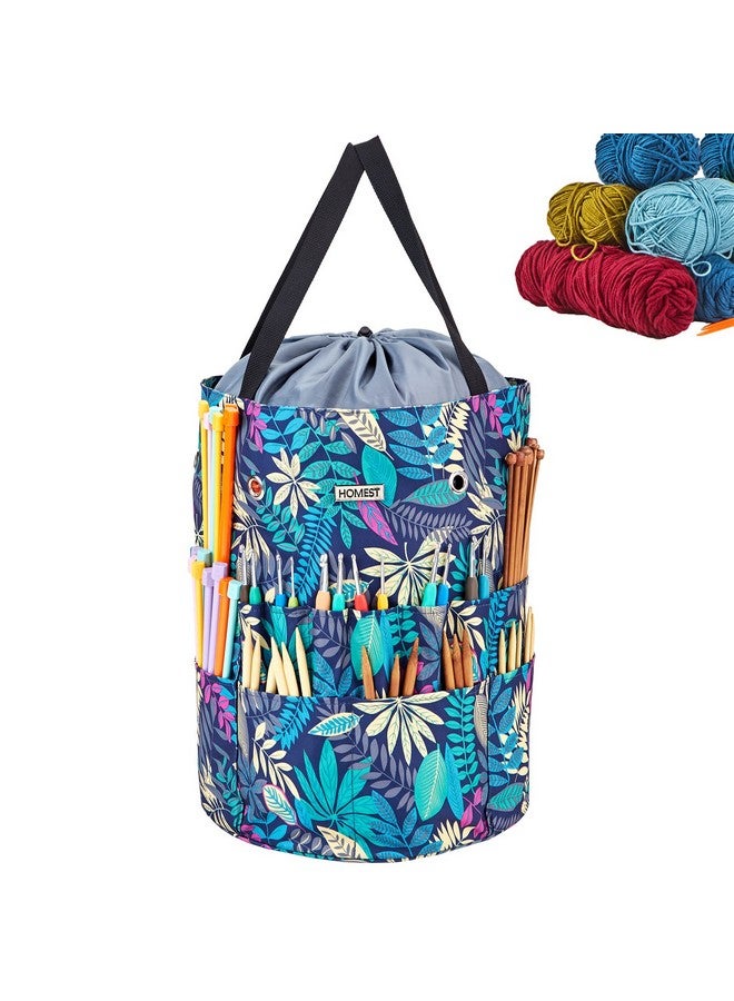 HOMEST Large Crochet Bag With Customized Front Compartment For Knitting Accessories, Yarn Storage With 6 Oversized Grommets, Tote Organizer With Drawstring Closure, Floral, Bag Only  - Image 1