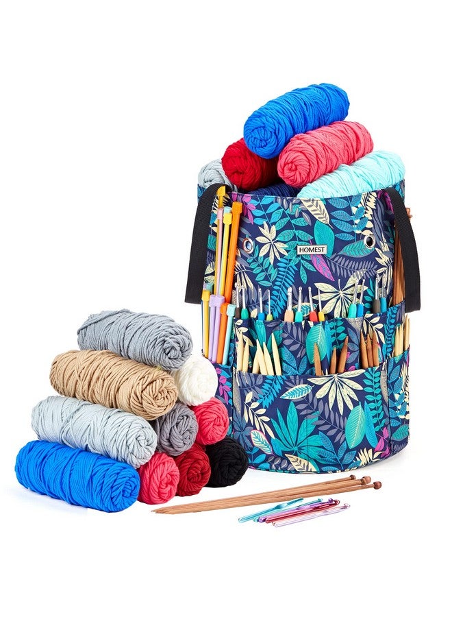HOMEST Large Crochet Bag With Customized Front Compartment For Knitting Accessories, Yarn Storage With 6 Oversized Grommets, Tote Organizer With Drawstring Closure, Floral, Bag Only  - Image 2