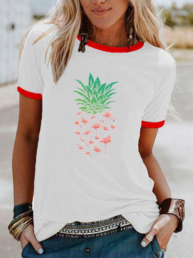 wish Flamingo Pineapple Pattern Printed Contrast Short-sleeved T-shirt - Image 1