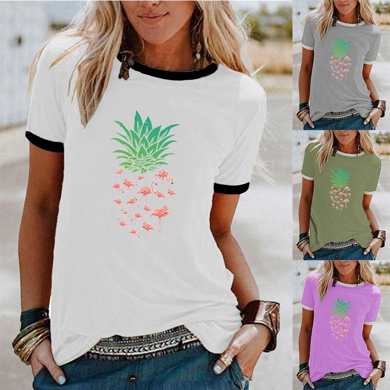 wish Flamingo Pineapple Pattern Printed Contrast Short-sleeved T-shirt - Image 2