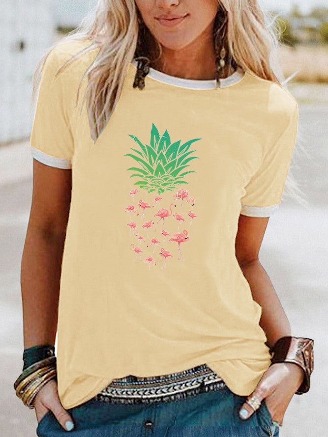 wish Flamingo Pineapple Pattern Printed Contrast Short-sleeved T-shirt - Image 4