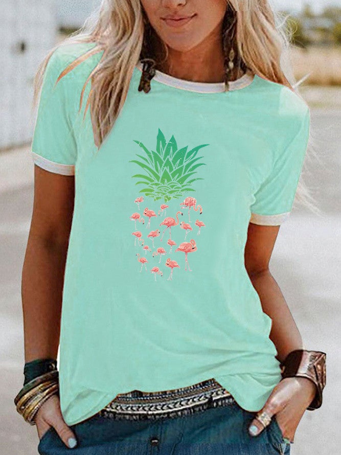 wish Flamingo Pineapple Pattern Printed Contrast Short-sleeved T-shirt - Image 3