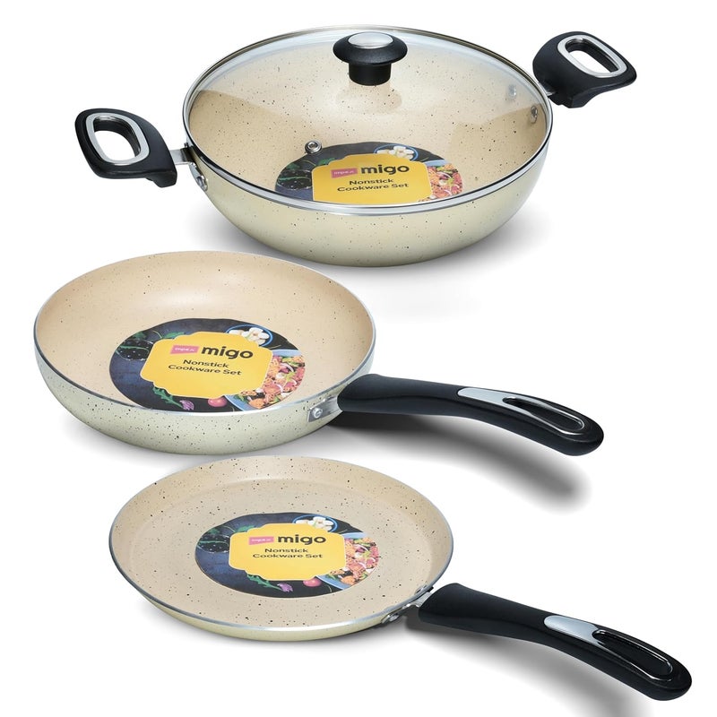 Impex Impex Migo Non Stick Cookware Set | 4 Pcs Induction Bottom Cookware Set 3 mm Thick, Festival Gift Set, 5-Layer Super Granite Non-Stick Coated Cookware Set,Two Sides Spatter Design,1 Year Warranty - Image 1