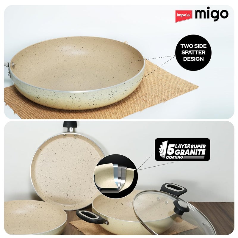 Impex Impex Migo Non Stick Cookware Set | 4 Pcs Induction Bottom Cookware Set 3 mm Thick, Festival Gift Set, 5-Layer Super Granite Non-Stick Coated Cookware Set,Two Sides Spatter Design,1 Year Warranty - Image 4