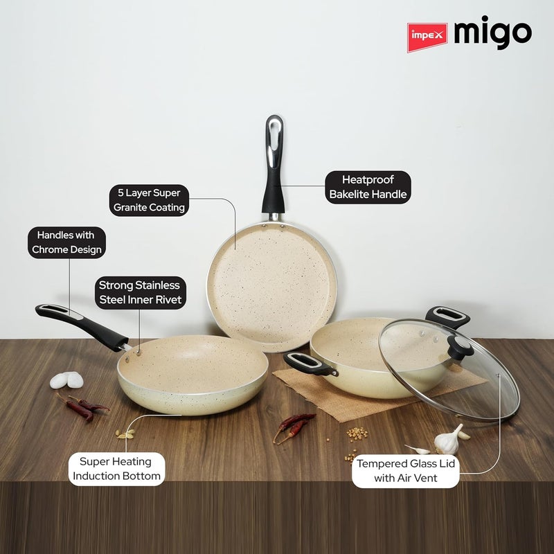 Impex Impex Migo Non Stick Cookware Set | 4 Pcs Induction Bottom Cookware Set 3 mm Thick, Festival Gift Set, 5-Layer Super Granite Non-Stick Coated Cookware Set,Two Sides Spatter Design,1 Year Warranty - Image 3