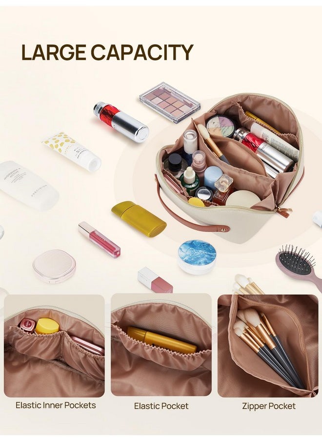 Telena Makeup Bag Large Capacity Travel Cosmetic Bag Portable Pu Leather Water Resistant Makeup Organizer Bags For Women With Handle And Divider Open Flat Beige With Brown  - Image 3