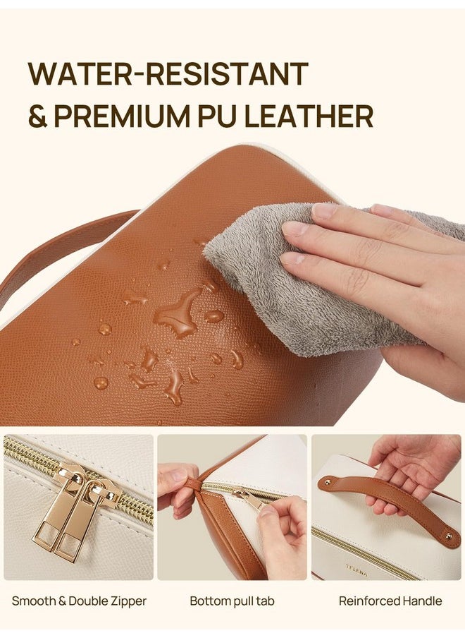 Telena Makeup Bag Large Capacity Travel Cosmetic Bag Portable Pu Leather Water Resistant Makeup Organizer Bags For Women With Handle And Divider Open Flat Beige With Brown  - Image 4