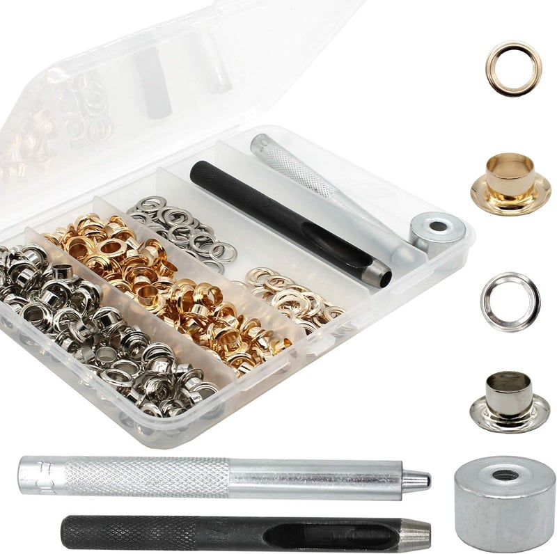 Raydodo 140 Sets Reinforced Grommet Kit, 1/4 Inch Metal Brass Eyelet Kit with 3 Pieces Grommet Tool Boot Eyelet Repair Kit and Grommets for Fabric, Tarps, Leather, Belt with Storage Box - Image 1