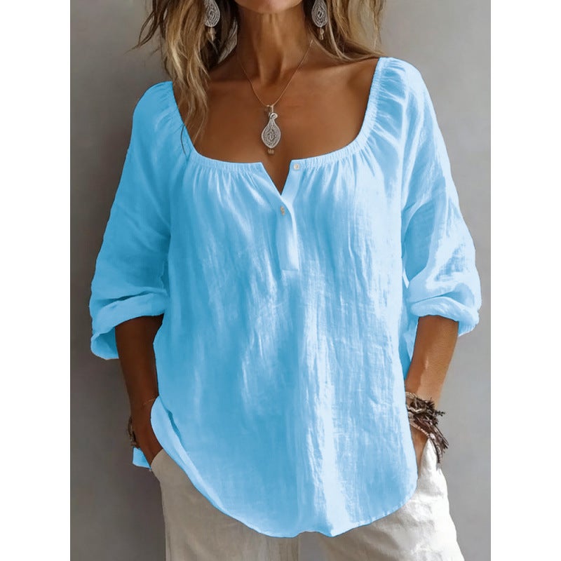 Women's V-Neck Long Sleeve Loose Fit T-Shirt - Image 2