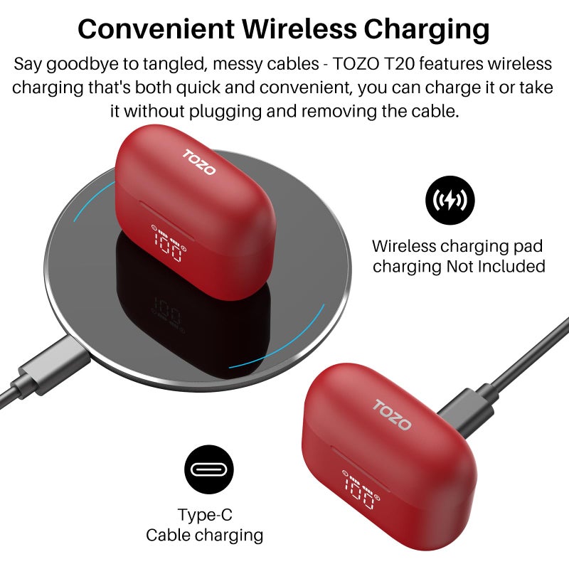 TOZO T20 Wireless Earbuds Bluetooth Headphones 48.5 Hrs Playtime with LED Digital Display, IPX8 Waterproof, Dual Mic Call Noise Cancelling 10mm Broad Range Speakers with Wireless Charging Case Red - Image 4